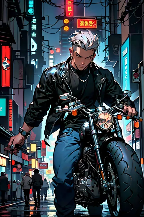 （(Many award-winning works, With incredible details, textures and maximum detail，(photorealestic))），Harajuku，城市，street corner， ((1boys，  ((Stride on a motorcycle)), ((Stand in front of the motorcycle)), ((Get on a motorcycle))，(((harley davidson motorbike)...