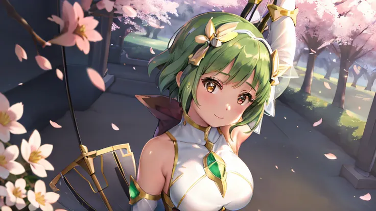 Anime girl in costume with bow and arrow, Knight of Sodiak Girl, Sodiak Girl Portrait Knight, Short brown-haired girl, Brown-eyed girl, Chignon Cap, Emerald armor, Dress Armor Girl, seductive princess knight, anime fencer, Smooth Anime CG Art, oppai, huge ...