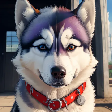 husky branco com um olho vermelho e o outro olho azul vestindo gravata e cartola com uma coleira escrita "KONCRUX"