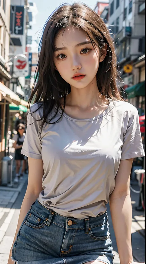 Japan Girl,beautiful girlfriend,a beauty,Raw foto,8K,morning sun lighting,Gray T-shirt and jeans miniskirt,Smooth long hair,A dark-haired,A detailed face,Detailed skin,Detailed eyes,(Slim body:1.3),petite girl in,About 23 years old,