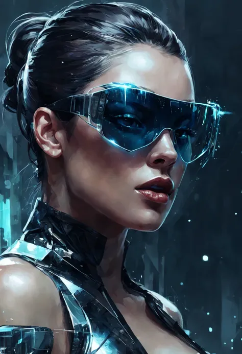 design a digital artwork featuring a futuristic femme fatale with sleek, reflective glass glasses and a smooth, high-tech textur...