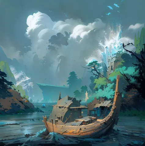 Pictures of boats in the water，A painting with mountains in the background, Depicted as game concept art, Dotteret! matte painting concept art, Dota Matte Painting Concept Art, scenery game concept art, stylised painting, painterly concept art, Environment...