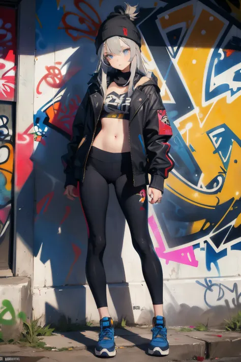 (masterpiece:1.2, best quality), (graffiti wall:1.2), 1lady, beanie, jacket, Leggings, blue eyes, fullbody,