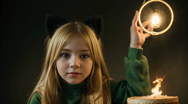 Russian blonde child girl ,halo on fire CHILD girl with long hair wearing a green sweater and muffled black ears.