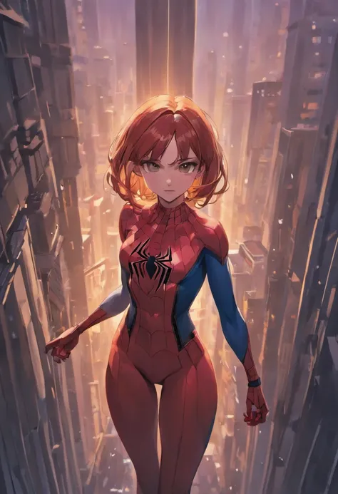 Full body photo of female Spiderman, atmospheric scene, (1girl, detailed beautiful face, big, breasts, big butt, detail skin texture, ultra-detailed body:1.1), rear view, masterpiece, best quality, UHD, masterpiece, super detail, high details, high quality...