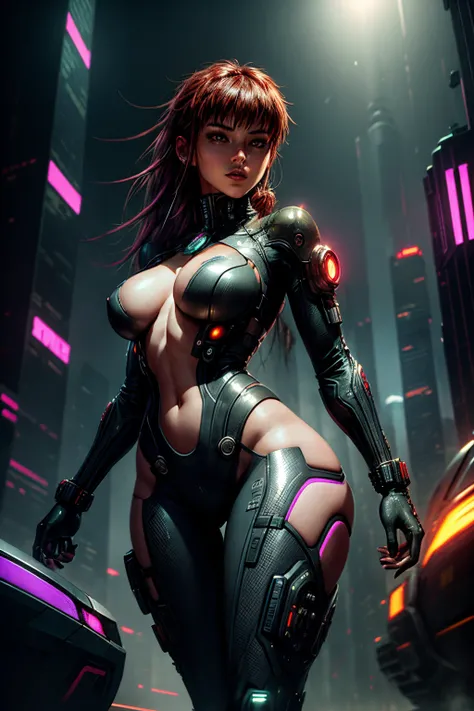 Develop a stunning 4K digital painting portraying a cyberpunk metropolis at midnight. Illustrate towering skyscrapers enveloped in neon-lit signs, casting an otherworldly glow against a cityscape bustling with futuristic vehicles. Incorporate a central fem...