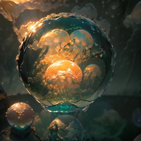 Ultra-realistic, 16K high resolution, (Max Sharp Focus: 1.3), (Max Close-up: 1.5), (Electric jellyfish trapped in a crystal ball with a pedestal on a table: 1.7), (Seaweed forest, ice, coral reef: 1.5),