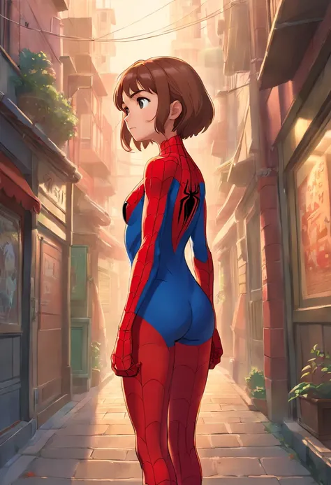 Full body photo of female Spiderman, atmospheric scene, (1girl, detailed beautiful face, big, breasts, big butt, detail skin texture, ultra-detailed body:1.1), rear view, masterpiece, best quality, UHD, masterpiece, super detail, high details, high quality...