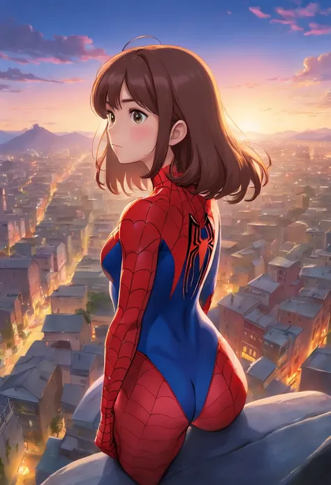 Full body photo of female Spiderman, atmospheric scene, (1girl, detailed beautiful face, big, breasts, big butt, detail skin texture, ultra-detailed body:1.1), rear view, masterpiece, best quality, UHD, masterpiece, super detail, high details, high quality...