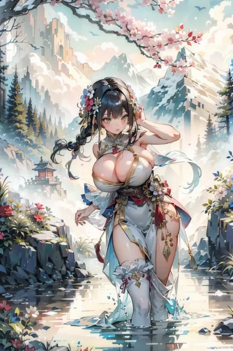 (((best quality))),((ultra-detailed))the picture is an image of a woman dressed in an asian style dress, breasts, flower, outdoors, cleavage, large breasts, mountain, hair ornament, thighhighs, hair flower, braid, long hair