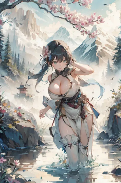 (((best quality))),((ultra-detailed))the picture is an image of a woman dressed in an asian style dress, breasts, flower, outdoors, cleavage, large breasts, mountain, hair ornament, thighhighs, hair flower, braid, long hair