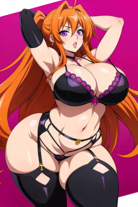 Highschool Dxd art style, Irina Shidou, 1girl, (((bimbo))), long orange hair, purple eyes, ear rings, puffy lips, painted lips, thick lips, wide hips, thick thighs, huge breasts, huge ass, revealing cleavage, erotic, erotic face, bubble butt, camel toe, hu...