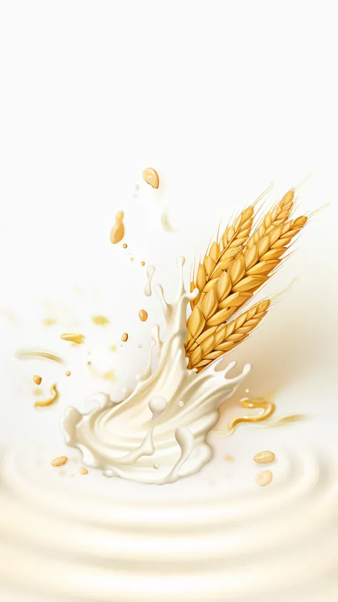 white backgrounid，Splashes of milk and oats,  oatmeal, flowing milk, hd illustration, Hyper-realistic illustration, photorealistic illustration,