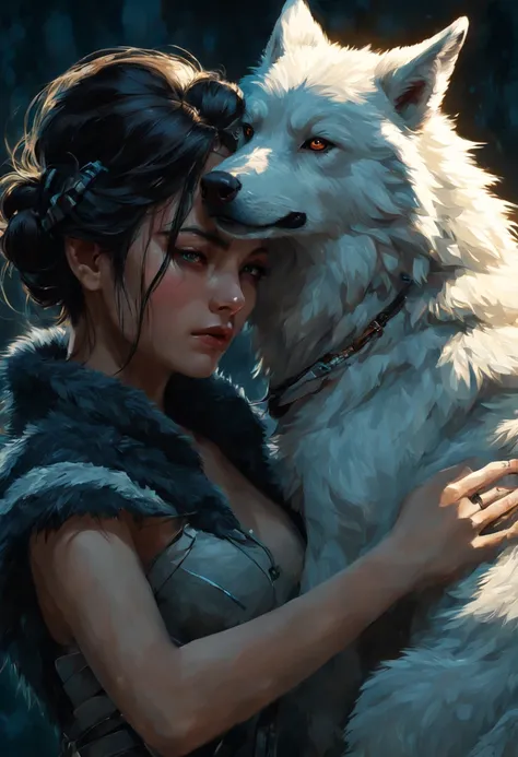 deeply emotional beautiful woman hugging her wolf companion. dark background. emotional. dynamic angle. open eyes. detailed fur....