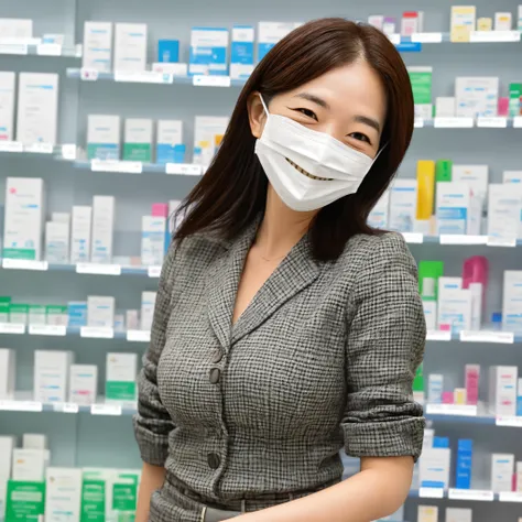 High-quality image of an office lady smiling while choosing a mask at a pharmacy