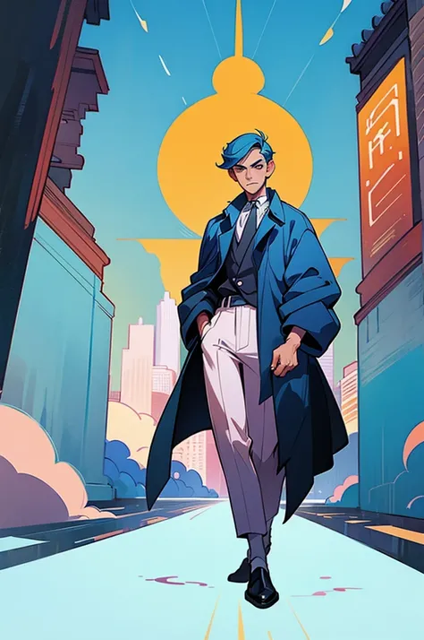 handsome man, (2D gouache illustration 1.3), facing viewer, city street, full body shot, fashion, facing forward