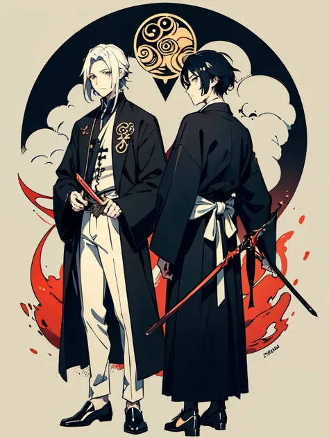 two handsome male,red-eyed ,shinigami men holding black sickles,dark back ground,colorful anime illustration, fullbody ,art nouv...