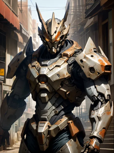 Portrait photo of an alpha male, perfect eyes, in a worn mecha suit, intricate, (steel metal [rust]), elegant, sharp focus, photo by greg rutkowski, soft lighting, vibrant colors, masterpiece, ((streets)), cowboy shot, dynamic pose,