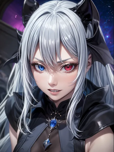 1 girl, (Ruminas de tensei shitara slime datta ken), silver hair, (((heterochromatic eyes shine in a deep sky blue and light red))), very beautiful, (((two equal vampire canine teeth))) , gothic dress, (set inside a horror castle), wearing black high-heele...