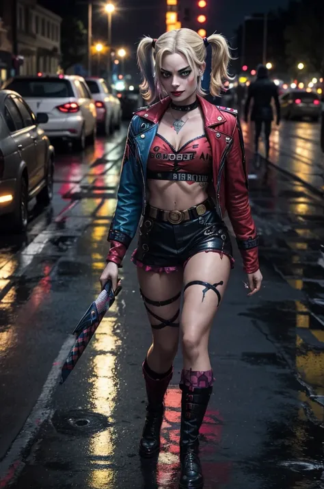 Margot Robbie as Suicide Squad Harley Quinn walking across a street on a rainy night