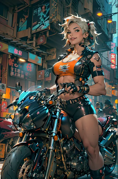 （(Many award-winning works, With incredible details, textures and maximum detail，(photorealestic)，)）, ((1female，((Stand in front of the motorcycle)), ((Get on a motorcycle))，(((harley davidson motorbike)))，(((the right motorcycle：1.7)))，(((Correct ratio of...