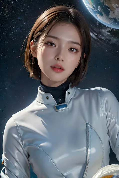 top-quality、​masterpiece、超A high resolution、(realisitic:1.4)、Beautuful Women１、Beautiful detail eyes and skin、ssmile、Light brown short-cut hair、The perfect spacesuit、spaceships、cosmic space、iced&Snow Planet、cloudy ash sky、