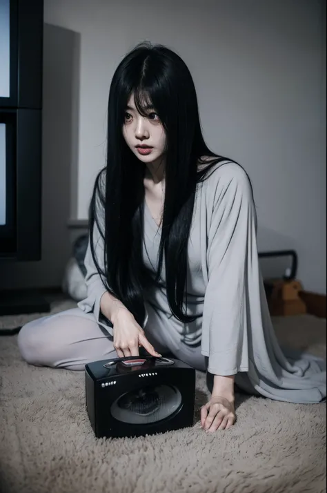 Sadako, soaking, wet robe, gray colored skin, Hair covers the face, sexy for.Sadako crawled out of the TV，A woman lying on the floor in front of the TV, japanese horror, style of hajime isayama, japanese horror movie footage, Junji Ito 4K, japanese pop sur...