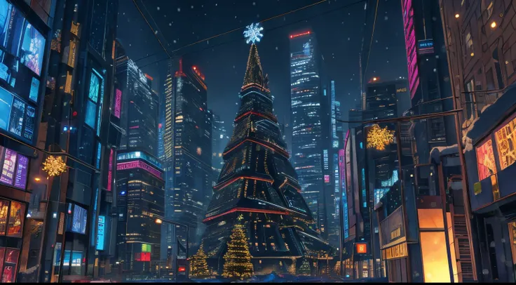 Picture of a cyberpunk city landscape, a cyberpunk city landscape environment, anime style, professional art, perfect composition, 8k, beautiful, intricate, details, snow, christmas eve, christmas decorations, snowflakes