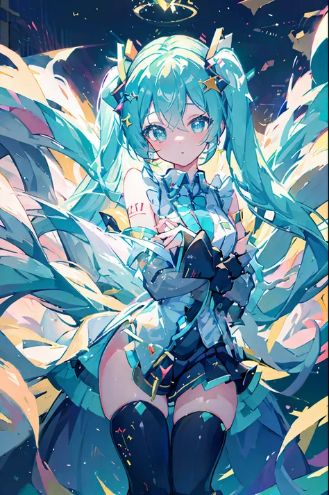 miku hatsune, star rail, meteor shower, pillar of light, 8k, masterpiece, best quality, highly detailed face, beautiful eyes