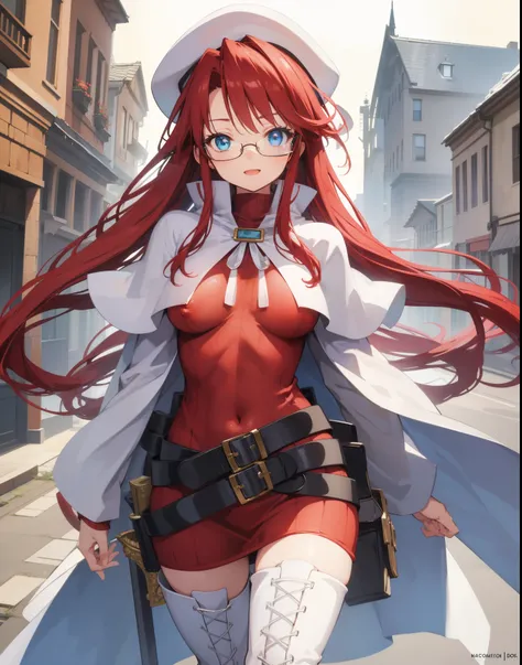 summonnightaty, aty, long hair, blue eyes, red hair, beret, hat, glasses,
BREAK long hair, thighhighs, hat, dress, boots, glasses, belt, cape, sweater, zettai ryouiki, beret, thigh boots, white footwear, ribbed sweater, loose belt,,
BREAK outdoors, fantasy...