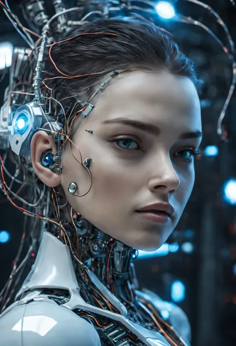 hermoso perfil de porcelana mujer, rostro de Android, cíborg, Robotic Parts, perfecta luz suave de , luz de borde, detalles vibrantes, lujoso cyberpunk, encaje, hiperrealista, anatomical, facial muscles, electrical wires, microchip,se encuentra en centro d...