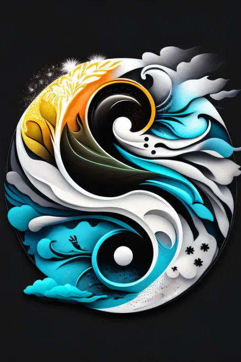 Yin and Yang, The way of the wind and water, Feng Shui, print ready vector t-shirt design, illustration Surf, graffiti hawaii props in background, sticker, clean white background, professional vector, high detail, t-shirt design, graffiti, vibrant