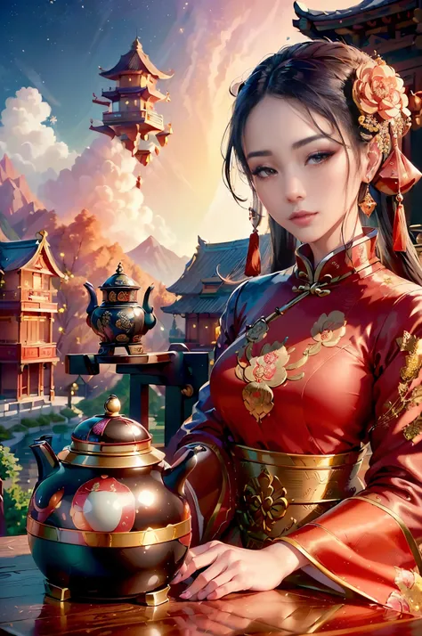 ((generate a beautifull chinesse lady, wearing luxury traditional chinesse dress, traditional chinesse teapot on top of luxury small wooden table,traditonal chinesse ornament,chinesse lantern, statue, beautifull sky, beautifull scene, detail chinesse villa...