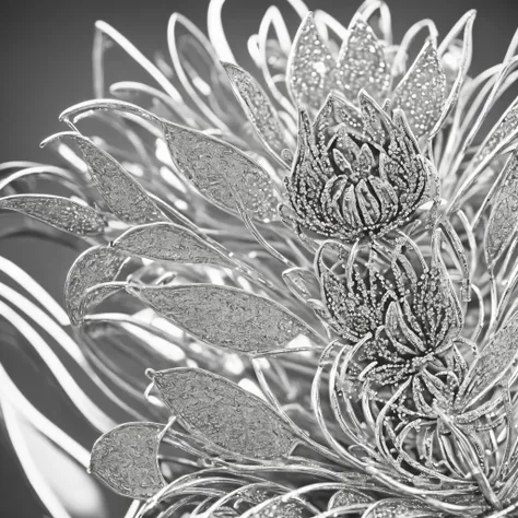 The Art of Metal (silver flower decoration), silver flowers, white metal, Metallic flowers, intricate detials, silver art, higly detailed, Feature photo, Film grain, Realistic