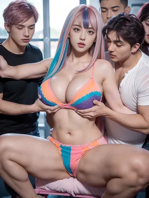 (sexual harassment，Chest grabbing，A group of boys surround a girl with huge boobs，The boys join forces to control a girl with huge boobs:1.7)，(The only girl，Heavy makeup，Extremely young girl，Gyaru，Seductive pose，showing off his bulging crotch to the audien...