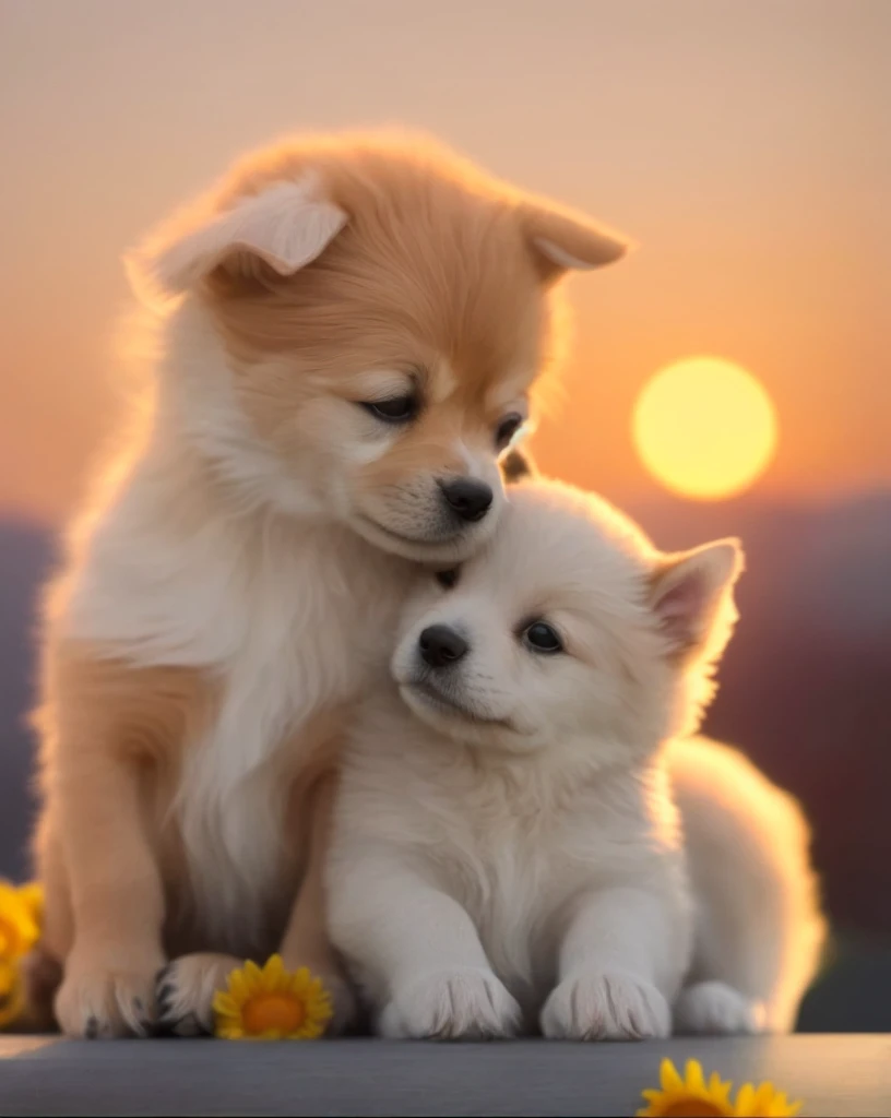 Two puppies littered on windowsill, loving puppy, one dog lying on the other dogs head, sunset view, cute puppy, beautiful dog, scene full of warmth and love, cute animal illustration, digital painting, vivid image, intoxicating, perfect realism, exquisite...