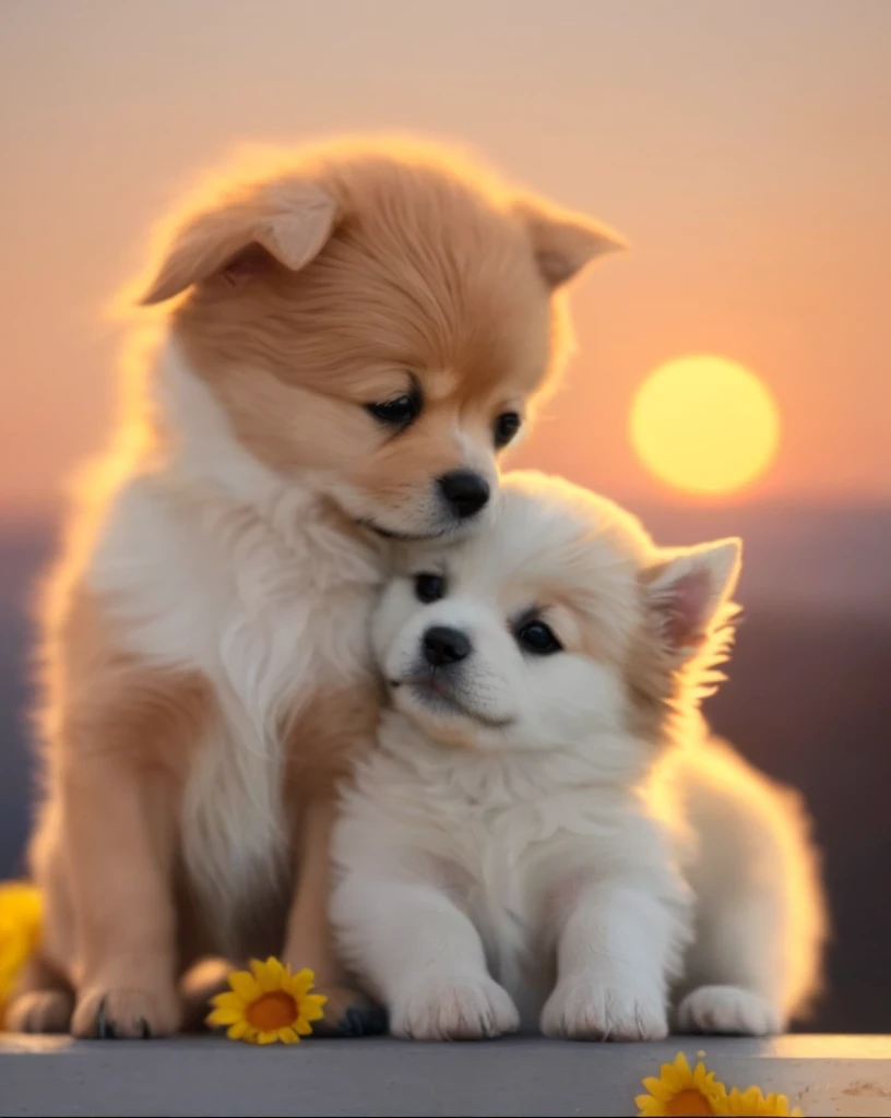 Two puppies littered on windowsill, loving puppy, one dog lying on the other dogs head, sunset view, cute puppy, beautiful dog, scene full of warmth and love, cute animal illustration, digital painting, vivid image, intoxicating, perfect realism, exquisite...