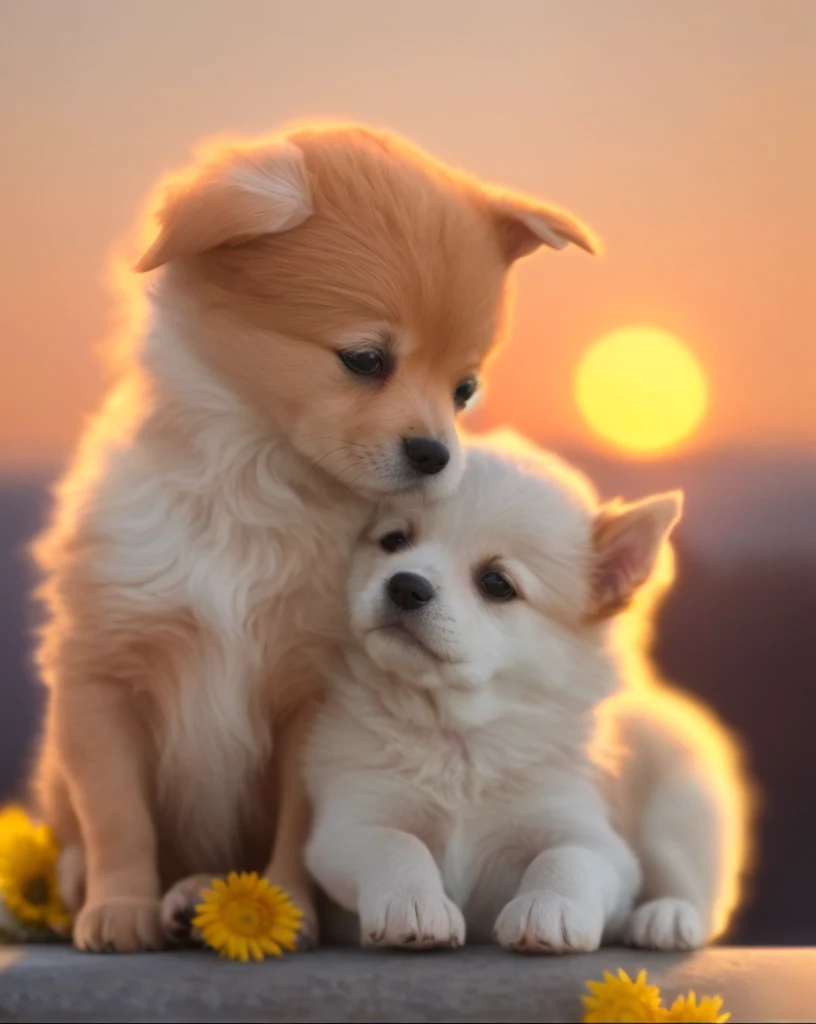 Two puppies littered on windowsill, loving puppy, one dog lying on the other dogs head, sunset view, cute puppy, beautiful dog, scene full of warmth and love, cute animal illustration, digital painting, vivid image, intoxicating, perfect realism, exquisite...