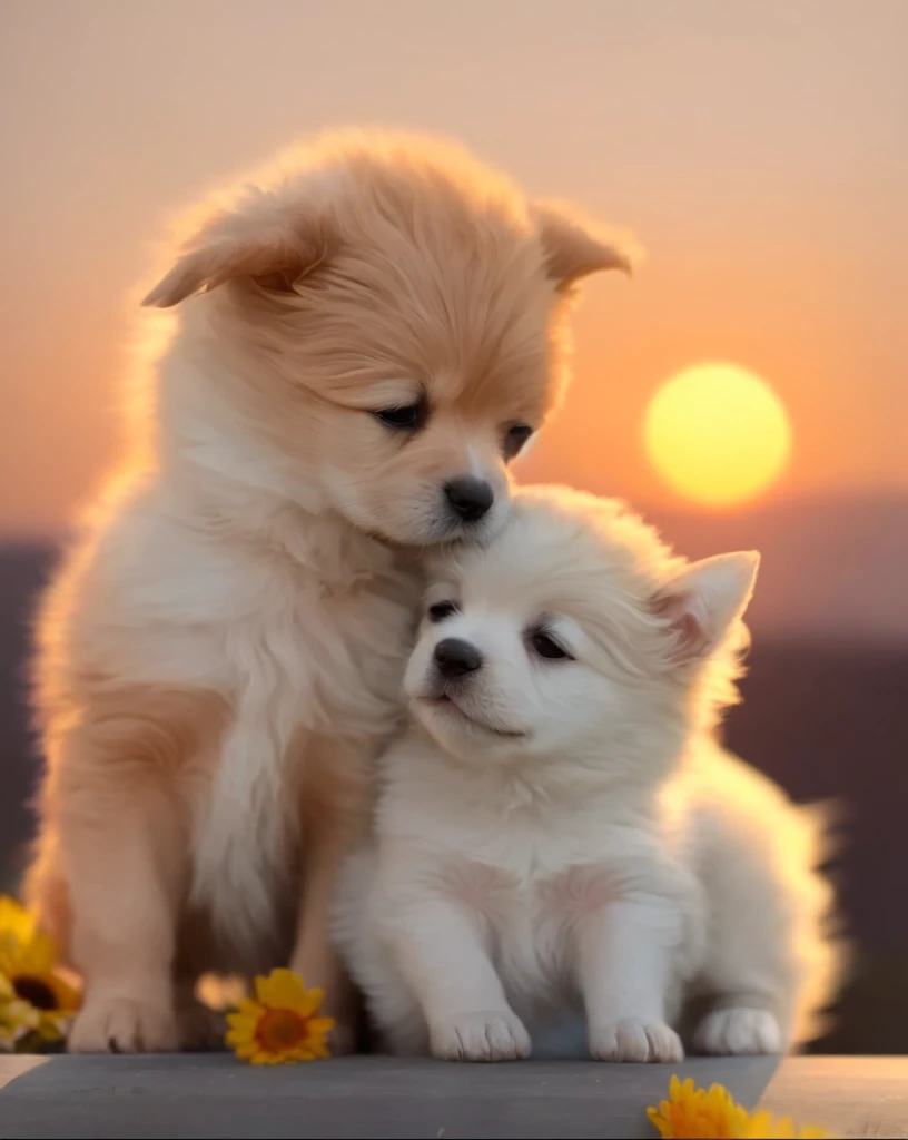 Two puppies littered on windowsill, loving puppy, one dog lying on the other dogs head, sunset view, cute puppy, beautiful dog, scene full of warmth and love, cute animal illustration, digital painting, vivid image, intoxicating, perfect realism, exquisite...