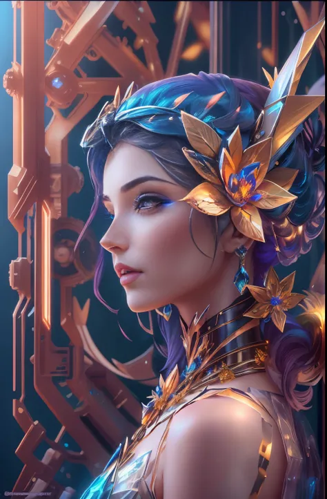 Future ethereal metal mechanical flower，futuristic metal flower，Mechanical Department，Golden petals，gold leaves，blue colors，futuristic twist production，The process is complicated，glyphic，futuristic industrial background，Future cyberpunk ethereal girl，Futur...