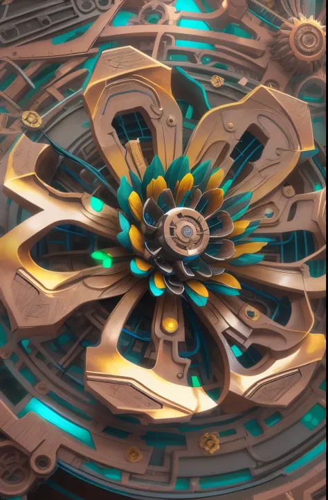 Future ethereal metal mechanical flower，futuristic metal flower，Mechanical Department，Golden petals，gold leaves，blue colors，futuristic twist production，The process is complicated，Carved，futuristic industrial background，Future cyberpunk girl