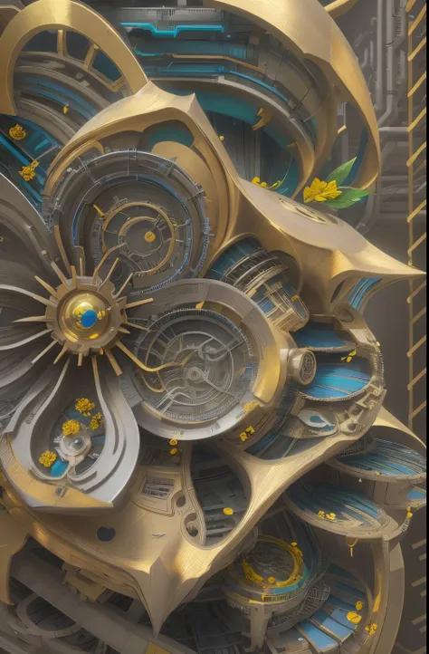 Future ethereal metal mechanical flower，futuristic metal flower，Mechanical Department，Golden petals，gold leaves，blue colors，futuristic twist production，The process is complicated，intricately carved，futuristic industrial background，Future cyberpunk girl