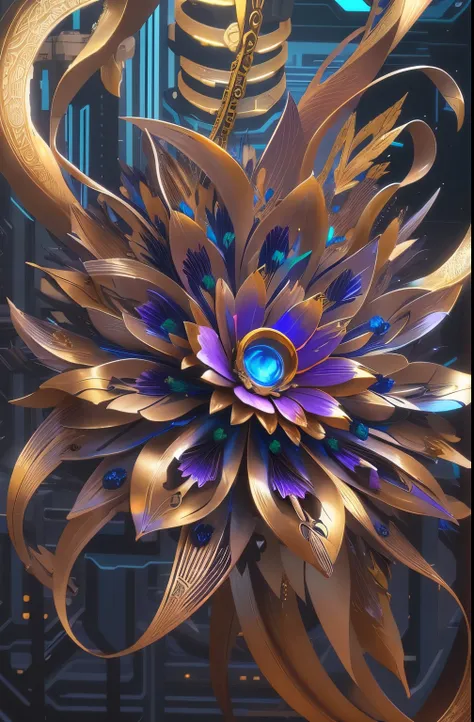 Future ethereal metal mechanical flower，futuristic metal flower，Mechanical Department，Golden petals，gold leaves，blue colors，futuristic twist production，The process is complicated，Beautifully carved，futuristic industrial background，Futuristic cyberpunk girl