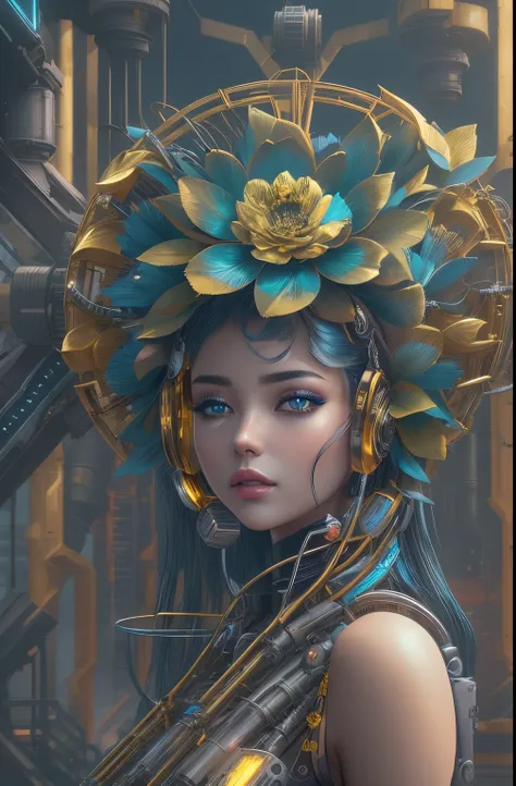 Future ethereal metal mechanical flower，futuristic metal flower，Mechanical Department，Golden petals，gold leaves，blue colors，futuristic twist production，The process is complicated，Beautifully carved，futuristic industrial background，Futuristic cyberpunk girl