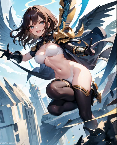 fantasy, 1angel_girl,child, loli,brown_hair, medium_bob_hair, long_bangs, halo,bare_shoulder,thighhighs,silver_armor, waist_armor, large_breasts,angry,grinning,open_mouth_teeth, 1pair_wings, dynamic_pose_fighting,floating, bare_crotch, headgear,gauntlet, g...