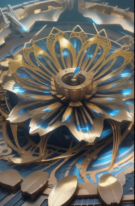 Future ethereal metal mechanical flower，futuristic metal flower，Mechanical Department，Golden petals，gold leaves，blue colors，futuristic twist production，The process is complicated，Beautifully carved，futuristic industrial background，Futuristic cyberpunk girl