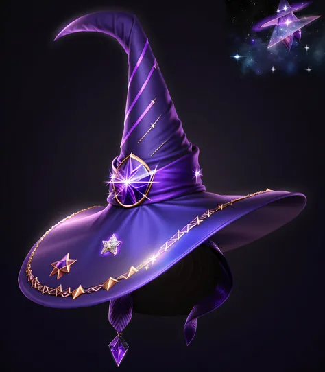 Close-up of a purple hat with stars, Wizards Hat, concept art magical highlight, wizard hat movie lighting, a witchs hat, Witch hat, Astral Witch Clothes, wizard themed, magician magic witch, arcane concept art, Magic fantasy 2D concept art, Pointed witch ...