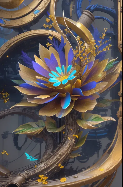 Future ethereal metal mechanical flower，futuristic metal flower，mechanical branch，golden petals，gold leaves，blue colors，futuristic twist production，The process is complex，Exquisite carvings，Futuristic industrial background