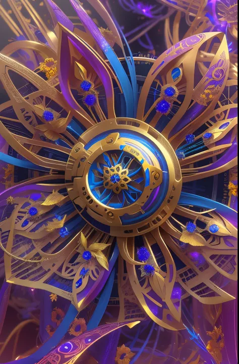 Future ethereal metal mechanical flower，futuristic metal flower，mechanical branch，golden petals，gold leaves，blue colors，futuristic twist production，The process is complex，Exquisite carvings，Futuristic industrial background