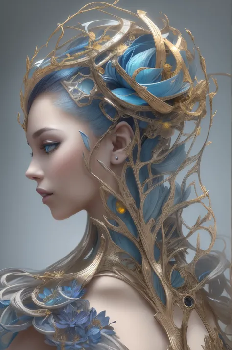 Futuristic ethereal metal mechanical flower，futuristic metal flower，Mechanical branches，metal leaf，Blue and gold，Futuristic twist production，Complex processes，exquisite coiffure engraving